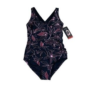 Eddie Bauer ruched bellly floral one piece swim suit - Size Medium - Black /Pink